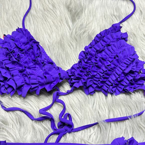 APOLLO Women's Purple Ruffle Halter Neck Backless Bikini Beach Summer Swim Set - Picture 2 of 4